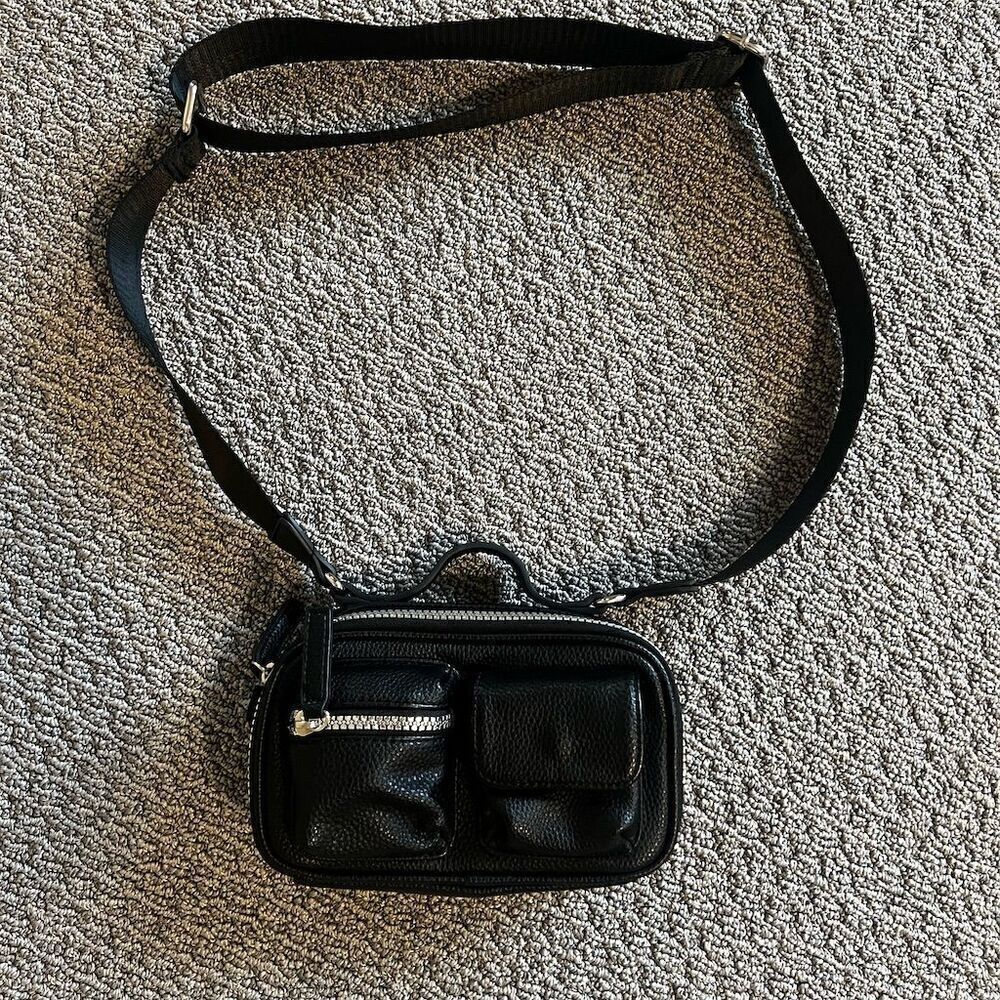 Forever 21 Faux Leather Crossbody Bag Black Silver Zip Snap Pockets Adjustable